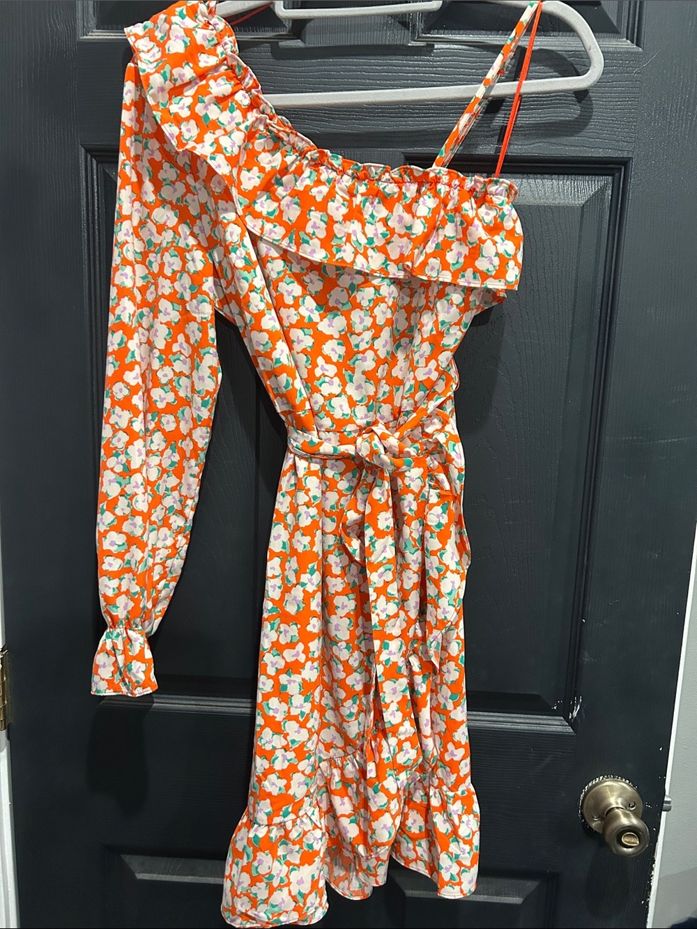 Vero Moda Orange One-Shoulder Floral Ruffle Dress